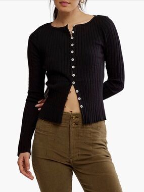 Free People Tilly Rib Long Sleeve Button-up Top in Black